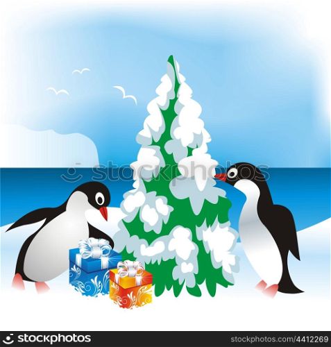 christmas card with penguins. christmas card