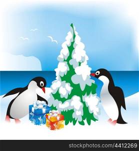 christmas card with penguins. christmas card
