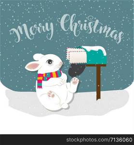 Christmas card with rabbit, Christmas background. Flat design. Vector