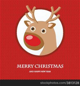 Christmas card with reindeer in Santa hat. Vintage vector illustration