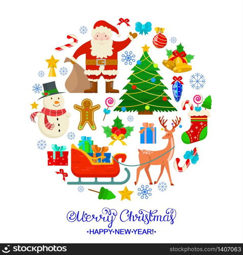 Christmas card with reindeer,snowman, balls ,gifts and other elements on white background.