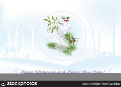 Christmas card with round translucent bauble in front of a beautiful winter landscape with reindeer, bunny and squirrel