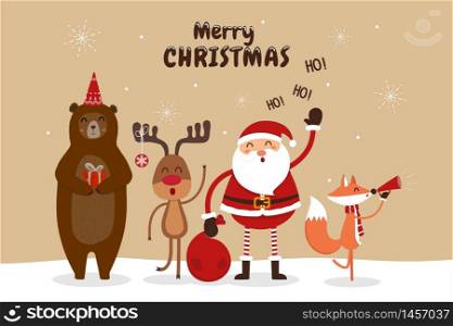 christmas card with Santa Claus and wild animals.
