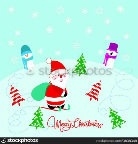 Christmas Card with Santa Claus, snowman and christmas trees
