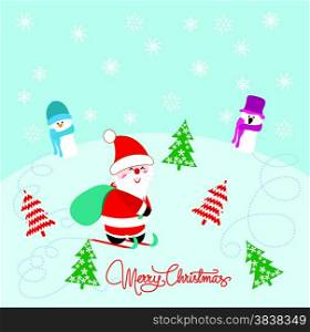 Christmas Card with Santa Claus, snowman and christmas trees