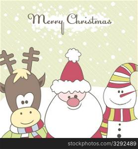 Christmas card with Santa, Reindeer, snow man. Vector illustration