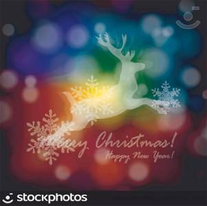 christmas card with stylized white deer with snowflakes
