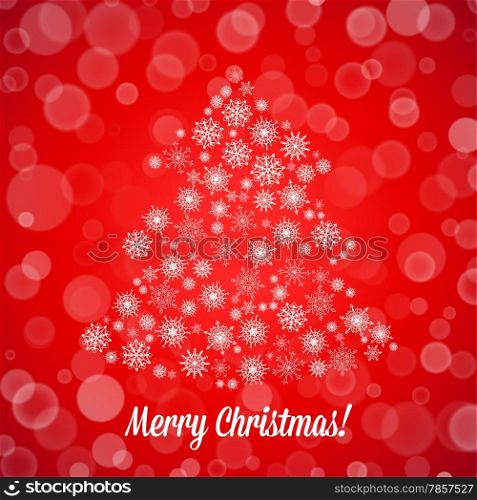 Christmas card with tree made of random snowflakes and bokeh
