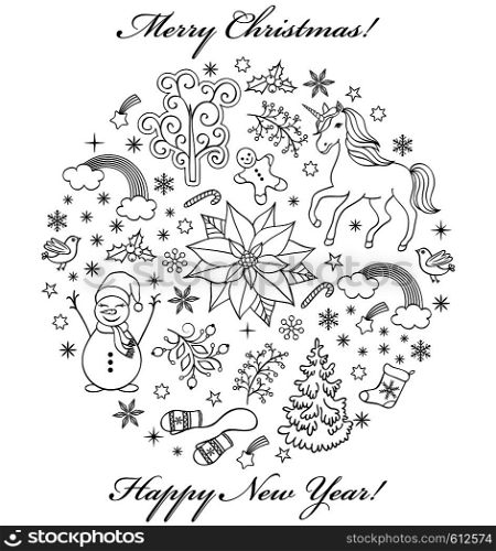 Christmas card with various festive elements on white background.Coloring page for kids and adult.Vector illustration. Positive Christmas card