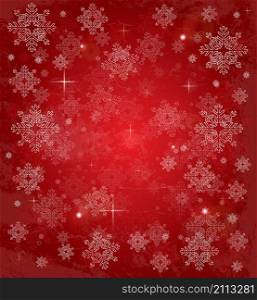 Christmas card with white snowflakes and stars on red background. New Year invitation. Vector illustration.