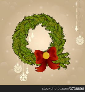 Christmas card with wreath and bow. Christmas ornaments hanging. Vector illustration&#xA;