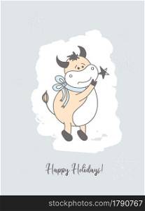 Christmas card. Year of the bull postcard. Poster. Ox character.. Christmas card. Year of the bull postcard. Poster. Ox character