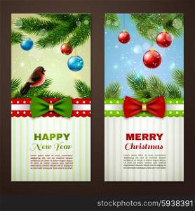 Christmas cards 2 banners set . Christmas and new year season classic greetings cards samples 2 vertical banners set abstract isolated vector illustrationt