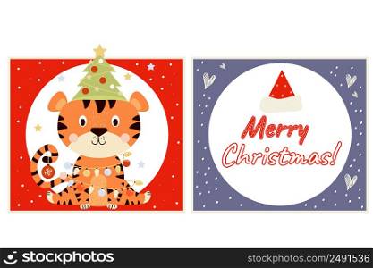 Christmas cards. Cute tiger with Christmas tree, toys and garland. Vector illustration with text Merry Christmas. New year square card with cute animal