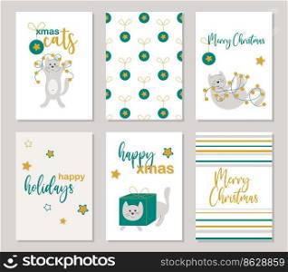 Christmas cards with cats set. Collection of funny cute cards with cats and inscriptions. Happy new year greetings vector illustration. Christmas cards with cats set