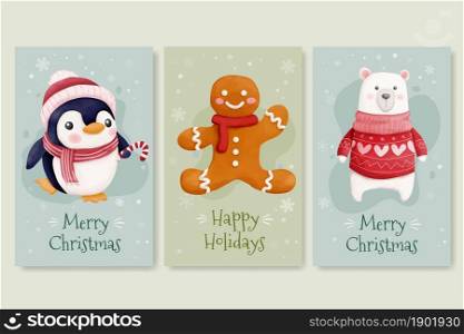 Christmas cards with cute penguin bear and gingerbread cookies
