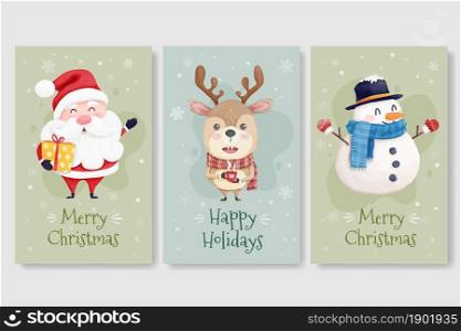 Christmas cards with cute santa reindeer and snowman