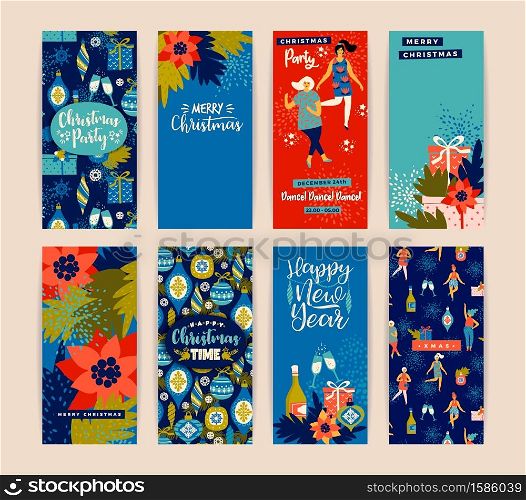 Christmas cards with dancing women and New Year s symbols. Trendy vintage style. Retro party. Vector design for poster, card, invitation, placard, brochure, flyer.. Christmas cards with dancing women and New Year s symbols.