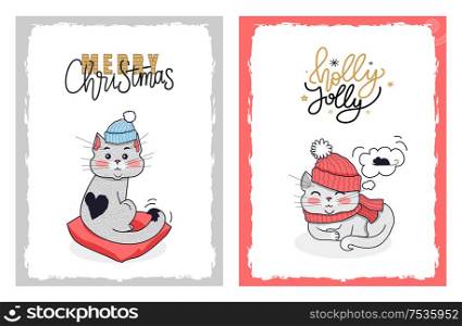 Christmas cards with greetings from Holly Jolly cats. Cute vector cat with black heart on its fur sitting on pillow and sending us Merry Christmas whishes.. Christmas Cards with Greeting from Holly Jolly Cat