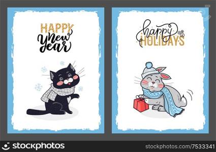 Christmas cards with greetings from kitty and rabbit. Vector christmas cards with bunny and cat. Happy New Year wishes from black feline in grey scarf.. Christmas Cards with Greetings from Cat and Bunny