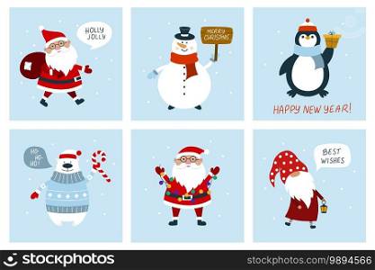 Christmas cards with snowman, gnome, polar bear, Santa Clause, penguin. Flat vector illustration in cartoon style.