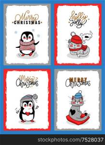 Christmas cards with vector animals in winter clothes. Merry Christmas penguin cards. Cat with the black heart on its fur sending us Merry Christmas whishes.. Christmas Cards with Animals in Winter Clothes
