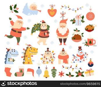 Christmas cartoon big set. New Year characters Santa Claus, bear with tree, snowman with garland, little angel, dragon, cat and traditional food and holiday decorations. Vector illustration. Isolated