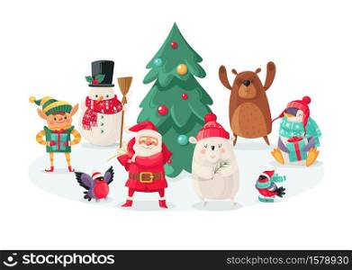 Christmas cartoon characters. New year cute animals bullfinch and polar bear, rabbit and penguin, Santa Claus and snowman, elf and squirrel, holiday tree vector isolated objects for design. Christmas cartoon characters. New year animals bullfinch and bear, rabbit and penguin, Santa Claus and snowman, elf and squirrel, holiday tree vector isolated objects for design