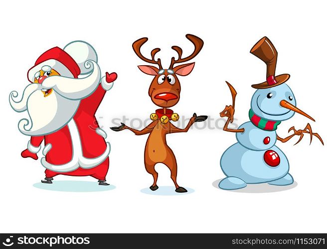 Christmas cartoon characters set. Vector illustration of Christmass reindeer, snowman and Santa Claus