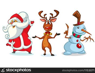 Christmas cartoon characters set. Vector illustration of Christmass reindeer, snowman and Santa Claus