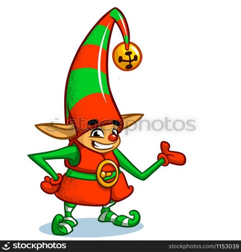 Christmas cartoon elf in Santa hat. Illustration of Christmas greeting card with cute elf on simple white background.