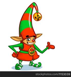Christmas cartoon elf in Santa hat. Illustration of Christmas greeting card with cute elf on simple white background.