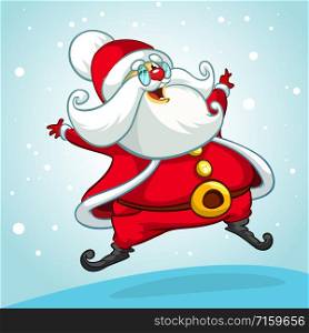 Christmas cartoon of Santa Claus jumping. Vector illustration isolated on snowy background
