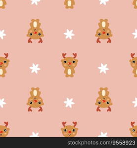 Christmas cartoon seamless pattern with deers and poinsettia flowers. Xmas print for tee, paper, textile and fabric. Kawaii vector illustration for decor and design.