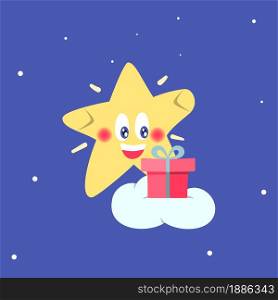 Christmas cartoon star and a gift on the cloud. Flat vector illustration