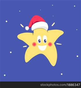 Christmas cartoon star with a Santa Claus hat. Flat vector illustration