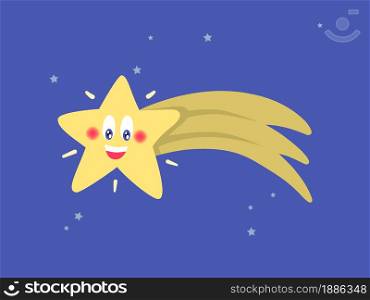 Christmas cartoon star with bright trail. Flat vector illustration