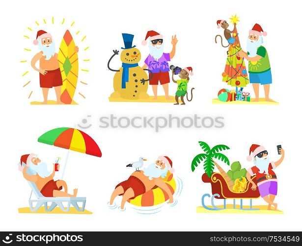 Christmas cartoon winter images collection with Santa standing near fir-tree and shooting near snowman and sleigh and laying on chaise-lounge vector. Santa Claus Relaxing, Christmas on Beach Vector