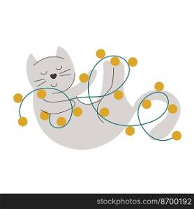 Christmas cat character. Funny kitten plays with garland. Playful cat isolated vector illustration. Christmas cat character