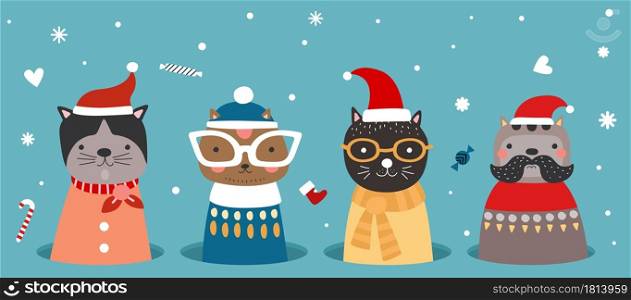 Christmas cats in hole. Kitten in winter clothes, santa hat and scarfs. Cartoon xmas new year greetings banner with cute pets snowflakes candy. Flat animals holidays season vector illustration. Christmas cats in hole. Kitten in winter clothes, santa hat and scarfs. Cartoon xmas new year greetings banner with cute pets snowflakes candy