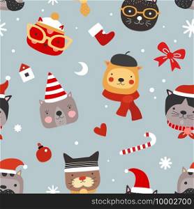 Christmas cats seamless pattern. Cute kittens in santa hats, warm headwear and glasses. Happy xmas pets vector wrapping texture. Pattern cat in hat, christmas cartoon animal illustration. Christmas cats seamless pattern. Cute kittens in santa hats, warm headwear and glasses. Happy xmas pets vector wrapping texture