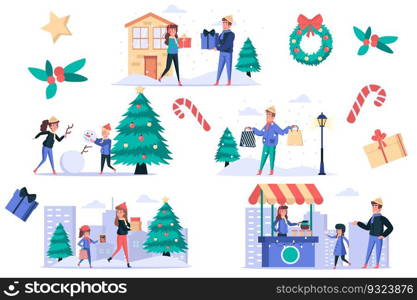 Christmas celebrate isolated elements set. Bundle of people buy and give gifts, make snowman, shopping, drink hot coffee in street store. Creator kit for vector illustration in flat cartoon design