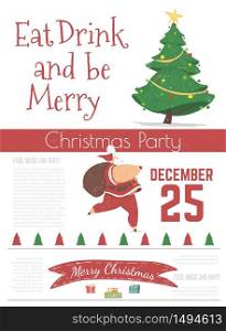 Christmas Celebrating Party in Nightclub Cartoon Vector Advertising Flyer, Poster or Invitation Card Design Template with Decorated Christmas Tree, Hurrying with Sack of Gifts Santa Claus Illustration