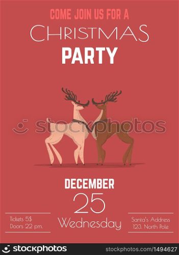 Christmas Celebration Entertainment Party or Winter Holidays Musical Performance Cartoon Vector Advertising Flyer, Poster, Invitation Card Template with Two Reindeer on Red Background Illustration