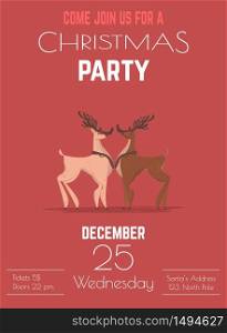 Christmas Celebration Entertainment Party or Winter Holidays Musical Performance Cartoon Vector Advertising Flyer, Poster, Invitation Card Template with Two Reindeer on Red Background Illustration