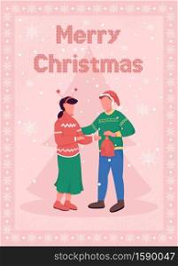 Christmas celebration for couple greeting card flat vector template. Lovers give presents on Xmas. Brochure, booklet one page concept design with cartoon characters. Winter holiday flyer, leaflet. Christmas celebration for couple greeting card flat vector template