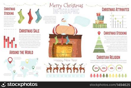 Christmas Celebration in World, Christian Religion Statistics, Holiday Sale Cartoon Vector Infographics Elements Set. Diagrams, Graphs, Reindeer, Santa Claus near Fireplace with Stockings Illustration