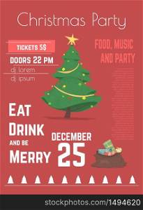 Christmas Celebration Party with Food Court and Music Performance Cartoon Vector Advertising Flyer, Promo Poster or Invitation Card Template. Decorated Christmas Tree, Gifts in Santa Sack Illustration