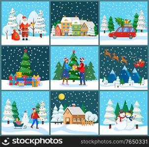 Christmas celebration, set of landscapes and characters in winter. Car with pine and presents. Santa Claus in forest with bag. Couple exchanging boxes. Snow sculptures and dad with kid on sled vector. Christmas and New Year Winter Holidays Celebration
