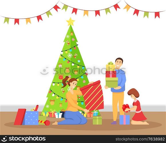 Christmas celebration vector, father and mother with kids unpacking gifts. Pine tree with baubles and garlands decoration. Flag hanging by ceiling. Man and woman with child holding present flat style. Christmas Celebration at Home, Family with Gifts